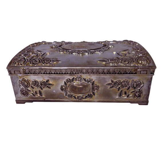 Vintage Godinger Silver Plate Jewelry Box with Roses and Red Velvet Interior - Picture 6 of 11